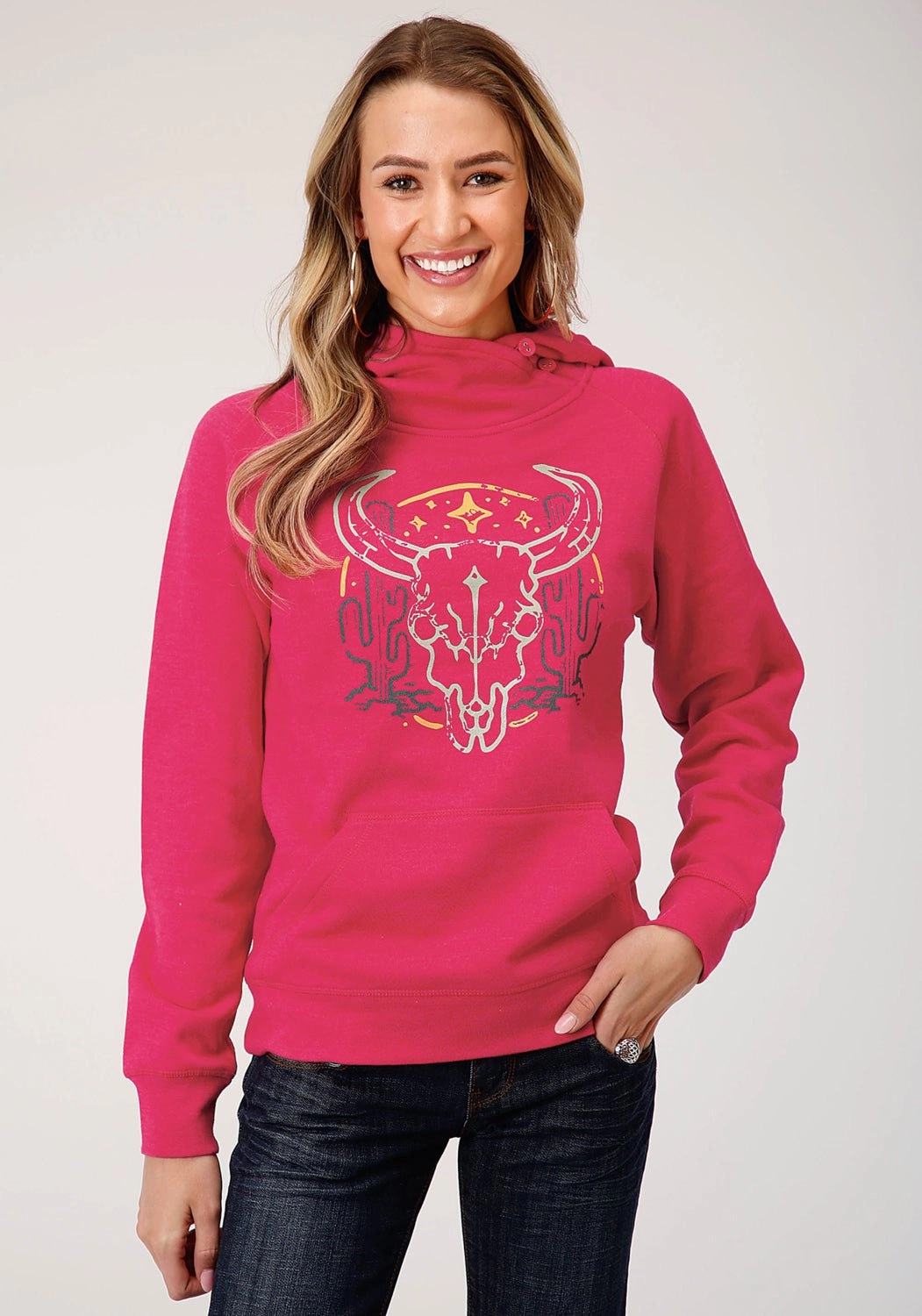 Colorfast Technology Soft Fabric Look Roper Womens Rose Pink Cotton Blend Longhorn Hoodie