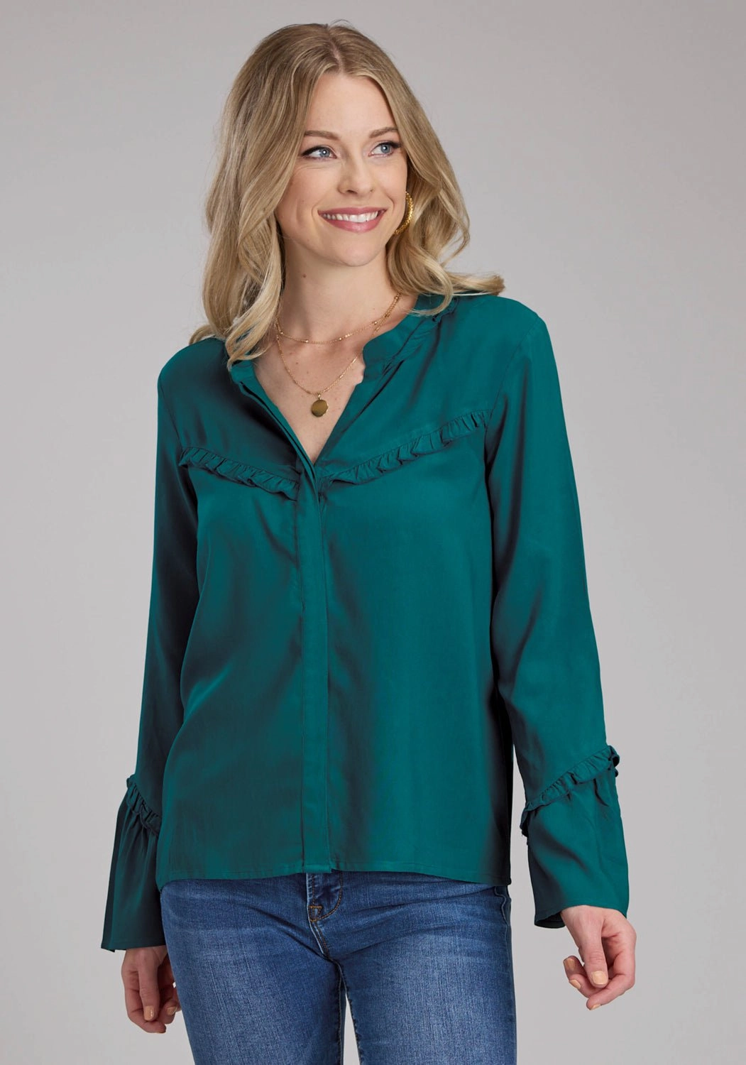 Trendy Apparel Roper Womens Ruffle Trim Challis Teal 100% Rayon L/S Blouse