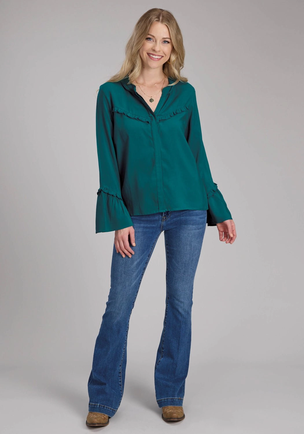 Roper Womens Ruffle Trim Challis Teal 100% Rayon L/S Blouse Youthful Appeal Camouflage Print