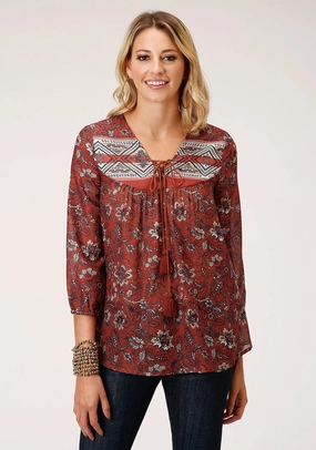 Linen blend Roper Womens Rust Polyester Floral Border 3/4 Sleeve Blouse