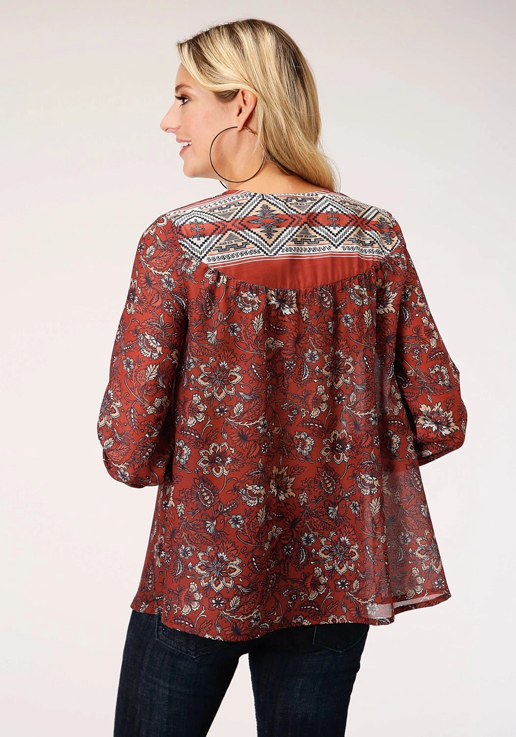 Roper Womens Rust Polyester Floral Border 3/4 Sleeve Blouse Tall Option Military Inspired