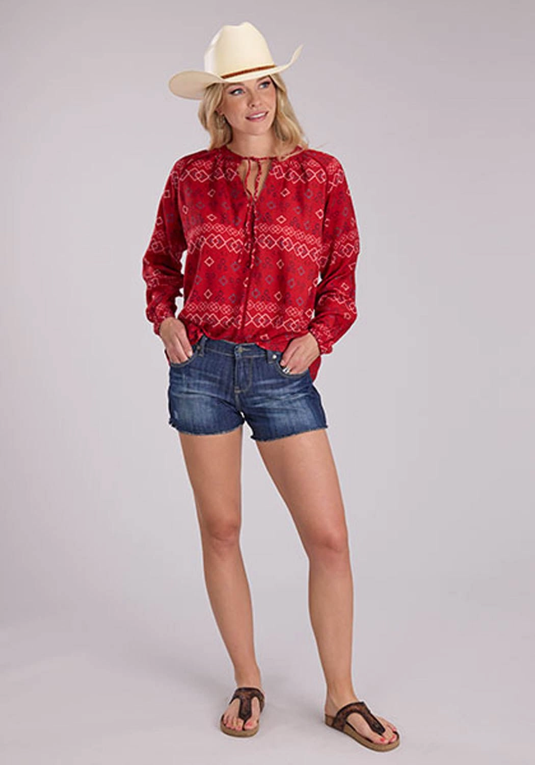 Roper Womens RWB Aztec Peasant Red 100% Rayon L/S Blouse Hidden Button Placket