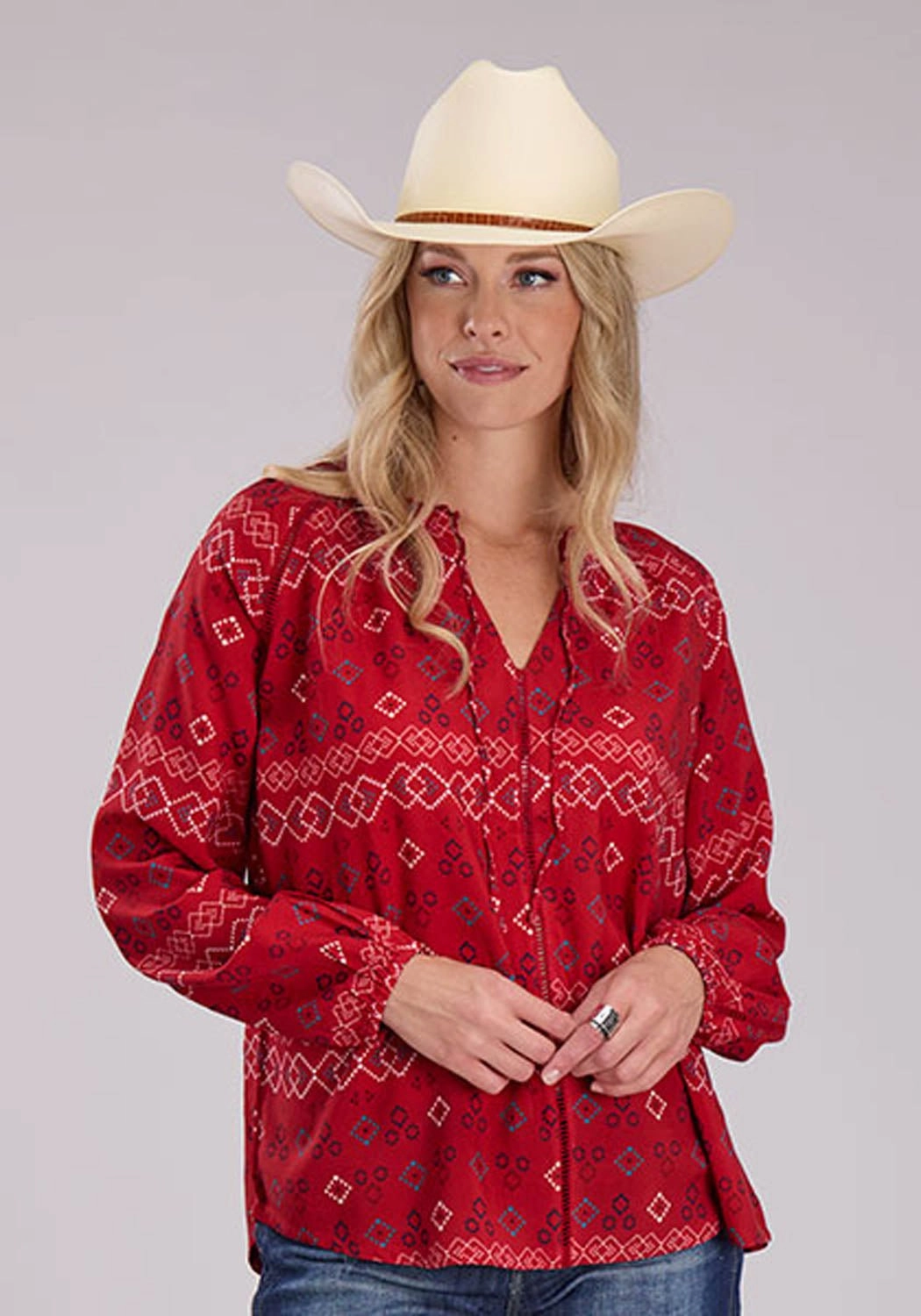 Thermal Regulation Fabric Effortless Style Roper Womens RWB Aztec Peasant Red 100% Rayon L/S Blouse