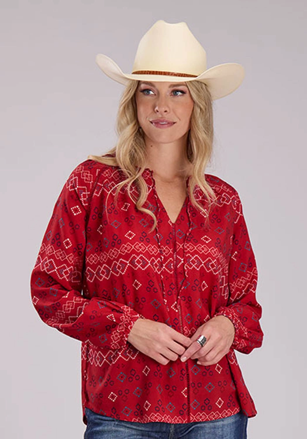 Ventilated Back Panel Roper Womens RWB Aztec Peasant Red 100% Rayon L/S Blouse
