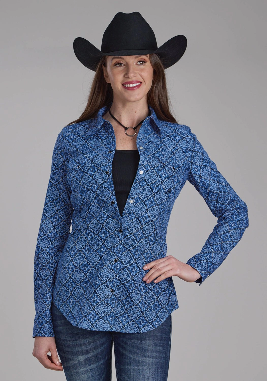 Indoor Comfort Roper Womens Sapphire Ornamental Blue 100% Cotton L/S Shirt