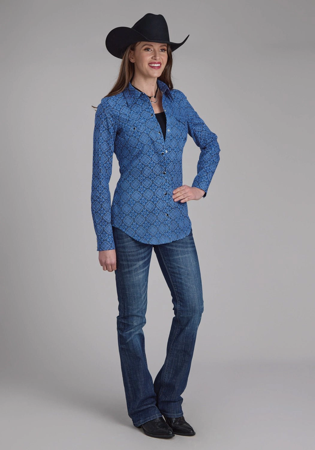 Fall Fashion Local Favorite Roper Womens Sapphire Ornamental Blue 100% Cotton L/S Shirt