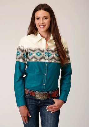 Shimmer Effect Roper Womens Sawtooth Border Blue 100% Cotton L/S Shirt