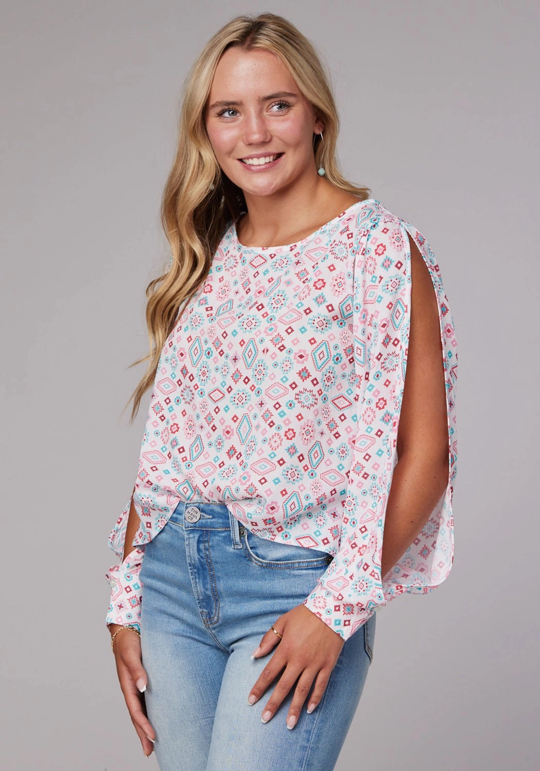 Roper Womens Scattered Aztec Multi-Color 100% Rayon L/S Blouse Thermal Regulation Fabric