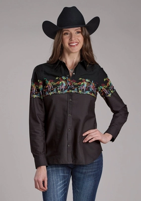 Roper Womens Scribble Bullriders Black 100% Cotton L/S Shirt Ergonomic Back Panel Non Iron Material