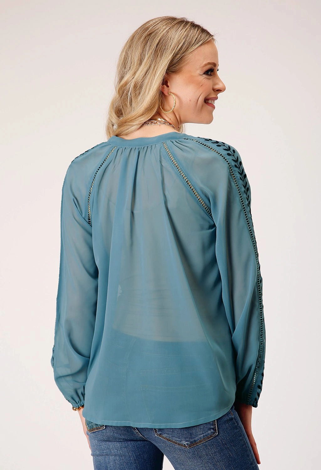 High Street Fashion Gym Appropriate Roper Womens Sheer Floral Blue 100% Polyester L/S Tunic