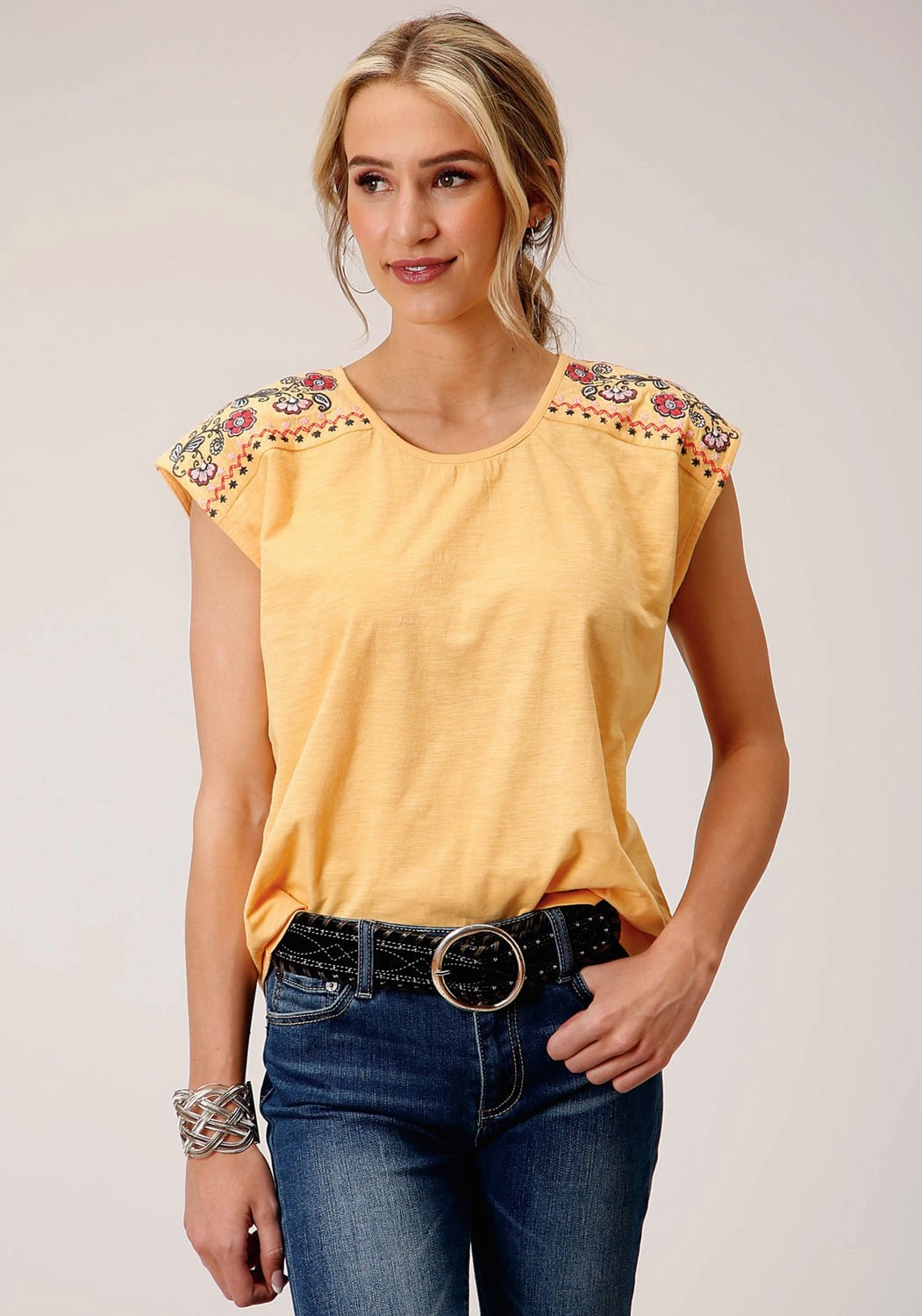 Hidden Button Placket Roper Womens Slub Jersey Yellow 100% Cotton S/L T-Shirt
