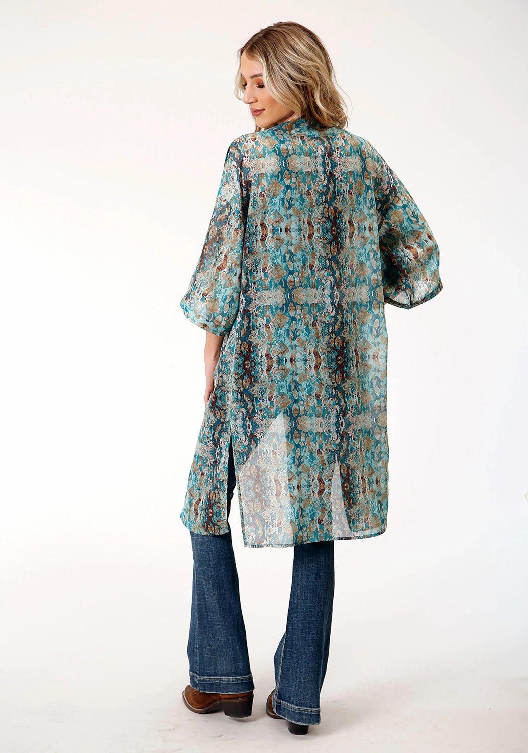 Low carbon footprint Non Restrictive Cut Roper Womens Snake Print Green 100% Polyester Kimono