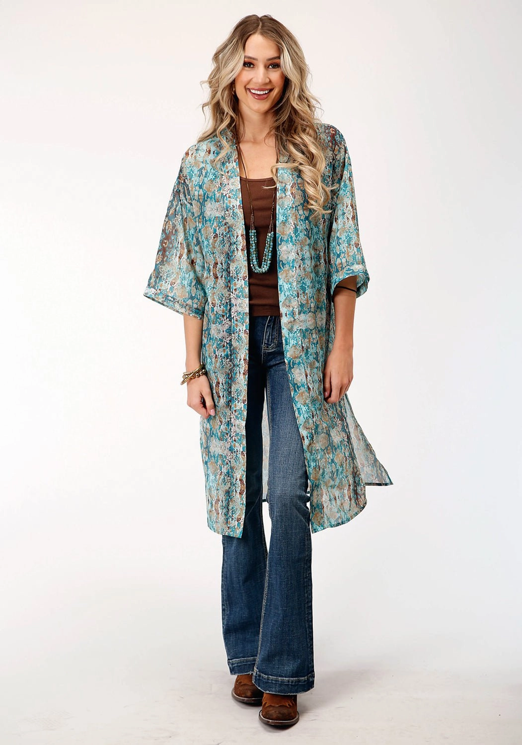 Roper Womens Snake Print Green 100% Polyester Kimono Perfectly Cozy Layered Look