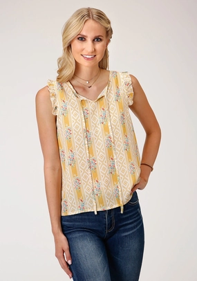 Roper Womens Southwest Wallpaper Yellow 100% Rayon S/L Blouse Effortless Comfort