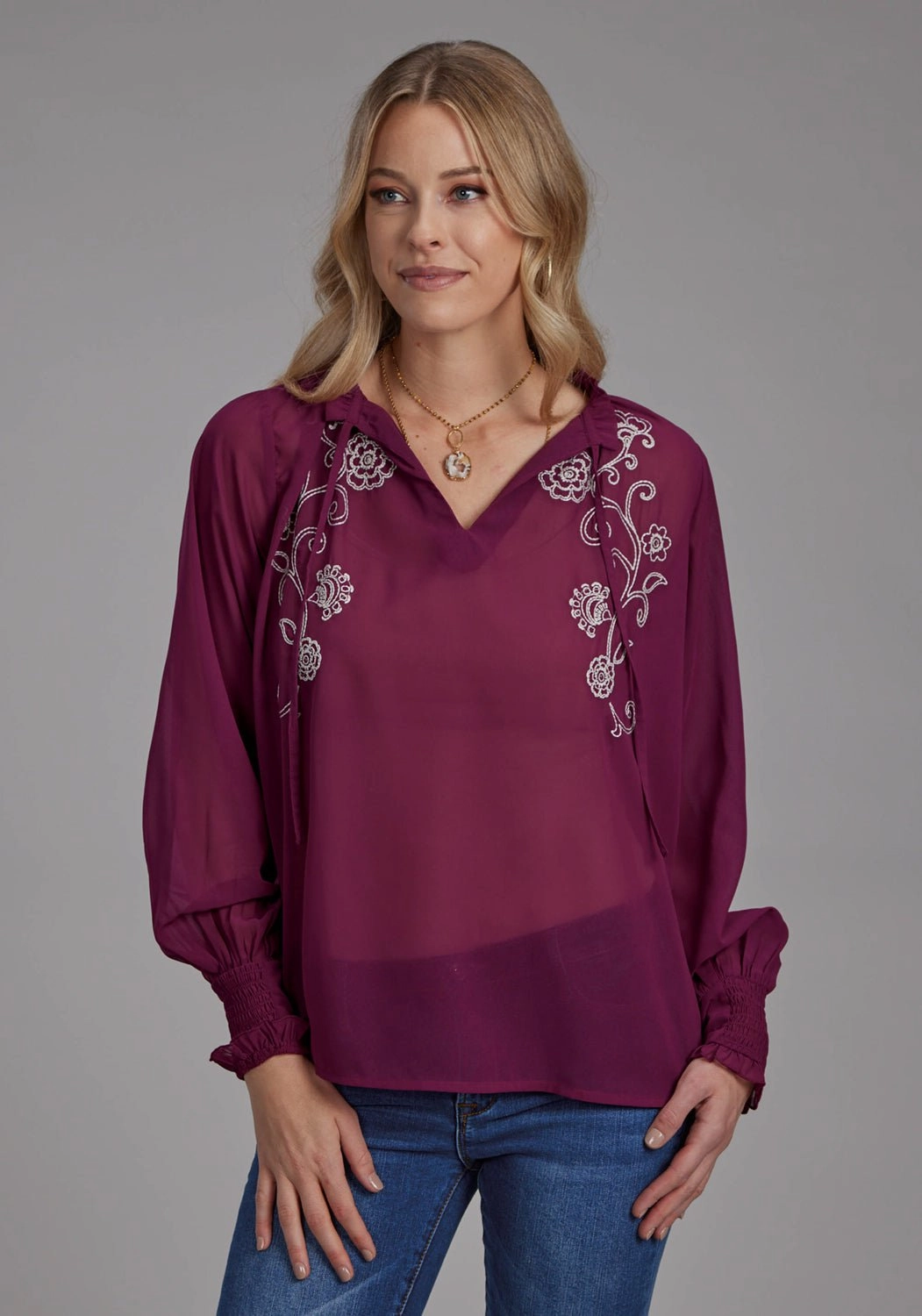 Roper Womens Split Front Keyhole Wine 100% Polyester L/S Blouse Low Maintenance