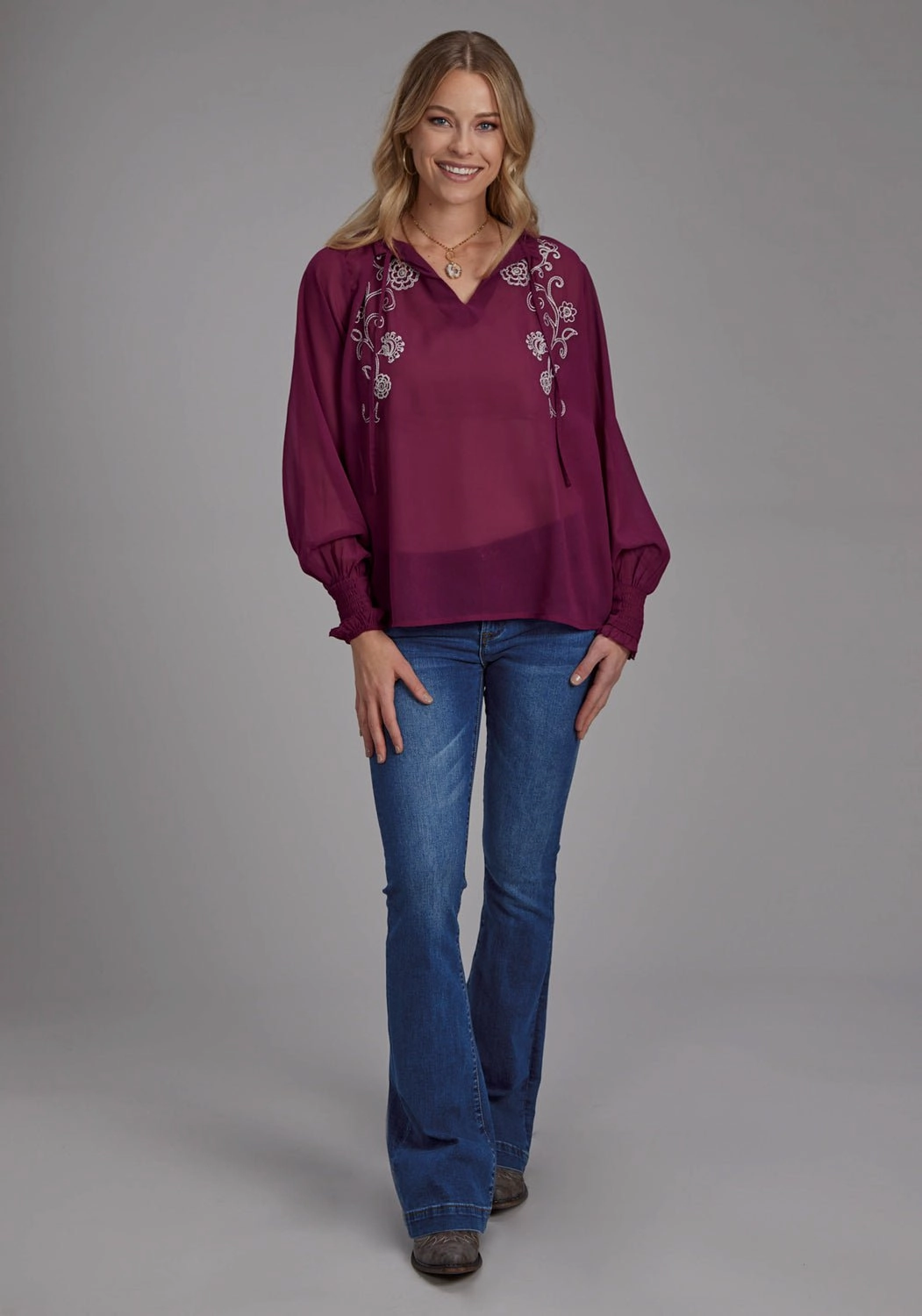 Petite Cut Performance Fabric Roper Womens Split Front Keyhole Wine 100% Polyester L/S Blouse