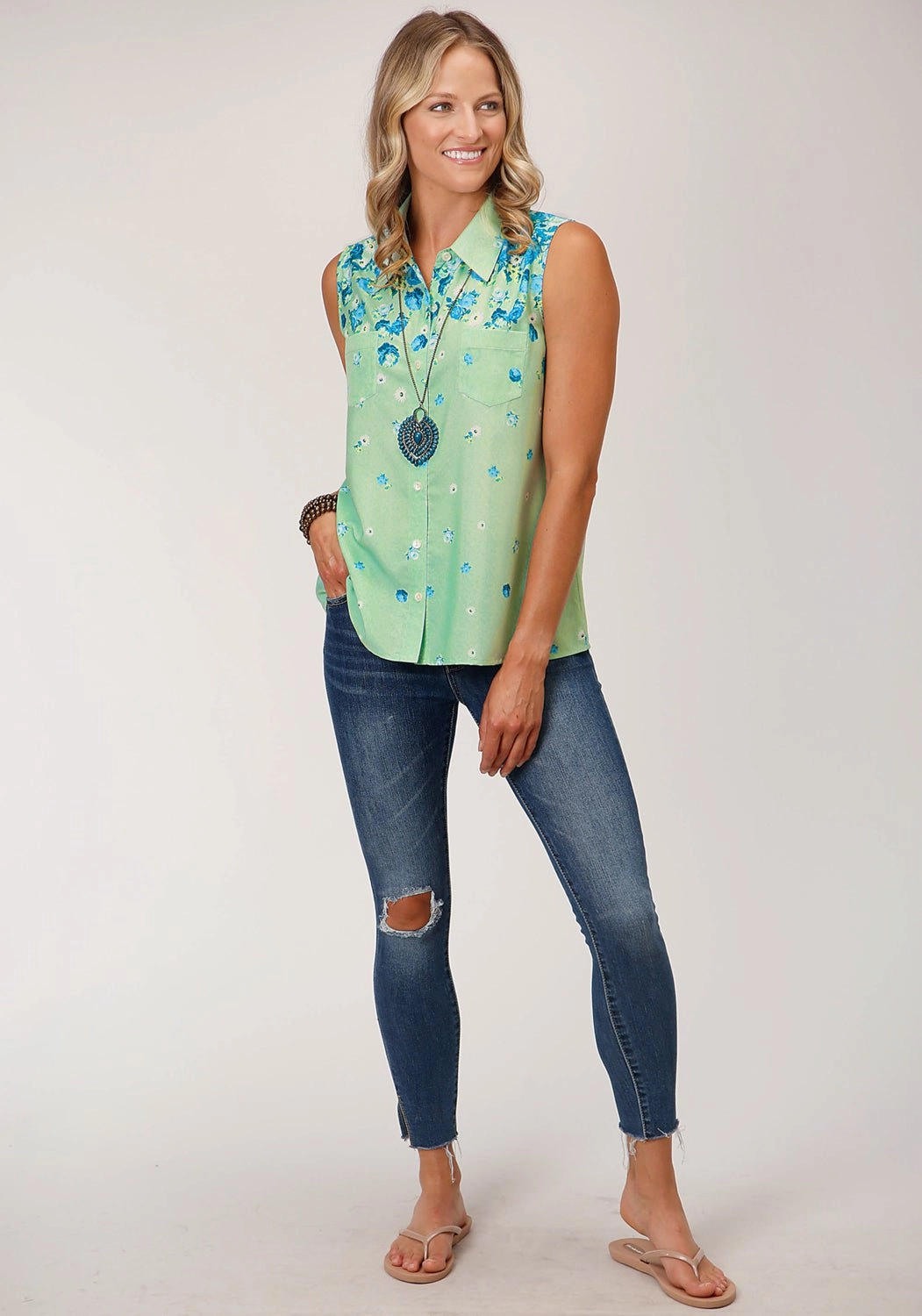 Roper Womens Summer Floral Green 100% Polyester S/L Shirt Layered Sleeve Cuffs Eco Dye Technique