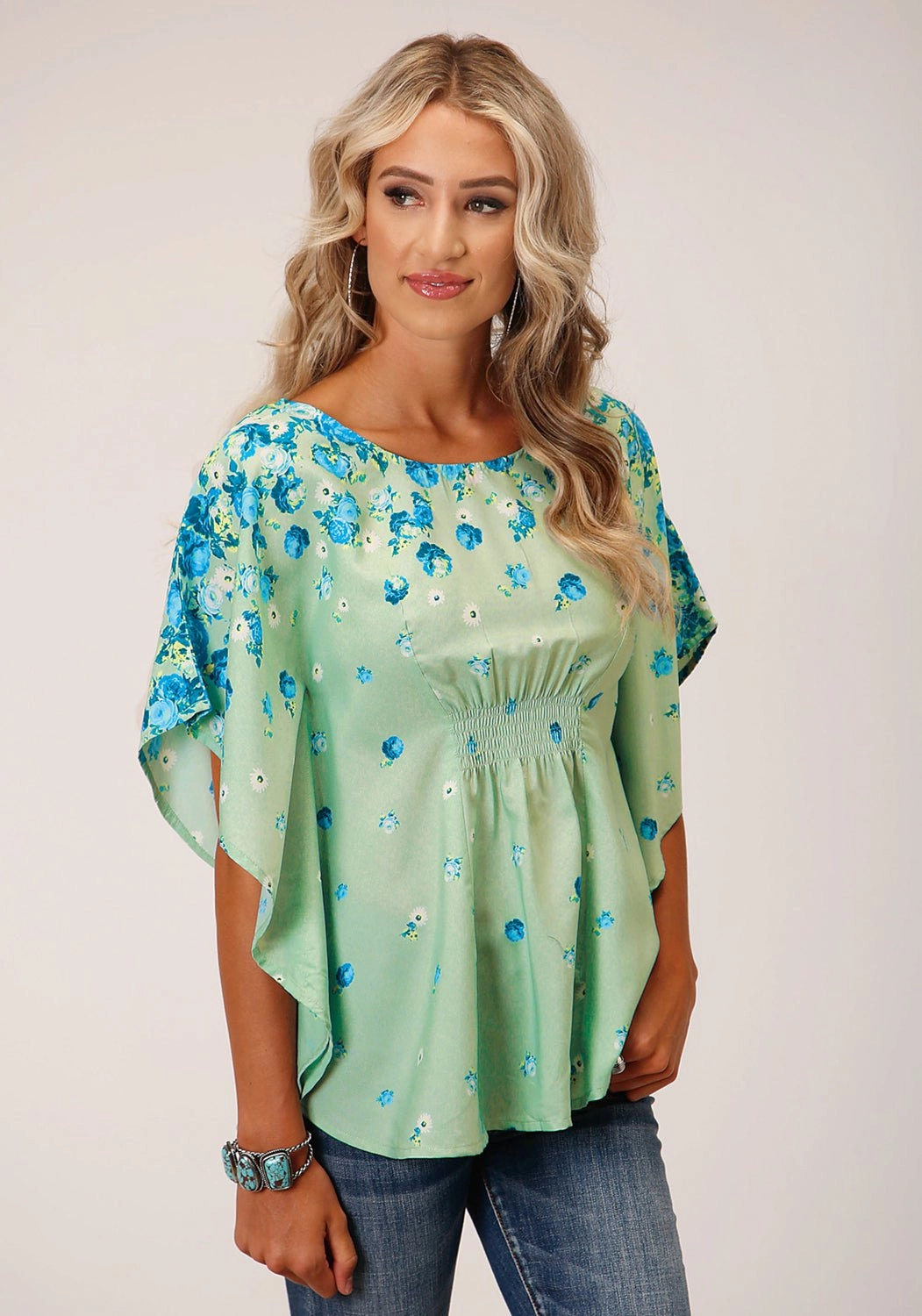 Wrinkle Resistant Material Roper Womens Summer Floral Sage Polyester S/S Blouse