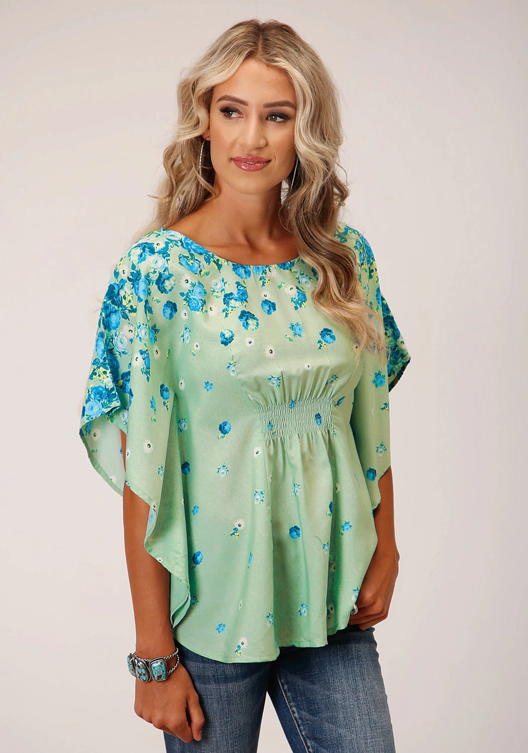 Roper Womens Summer Floral Sage Polyester S/S Blouse Structured Shoulder Support