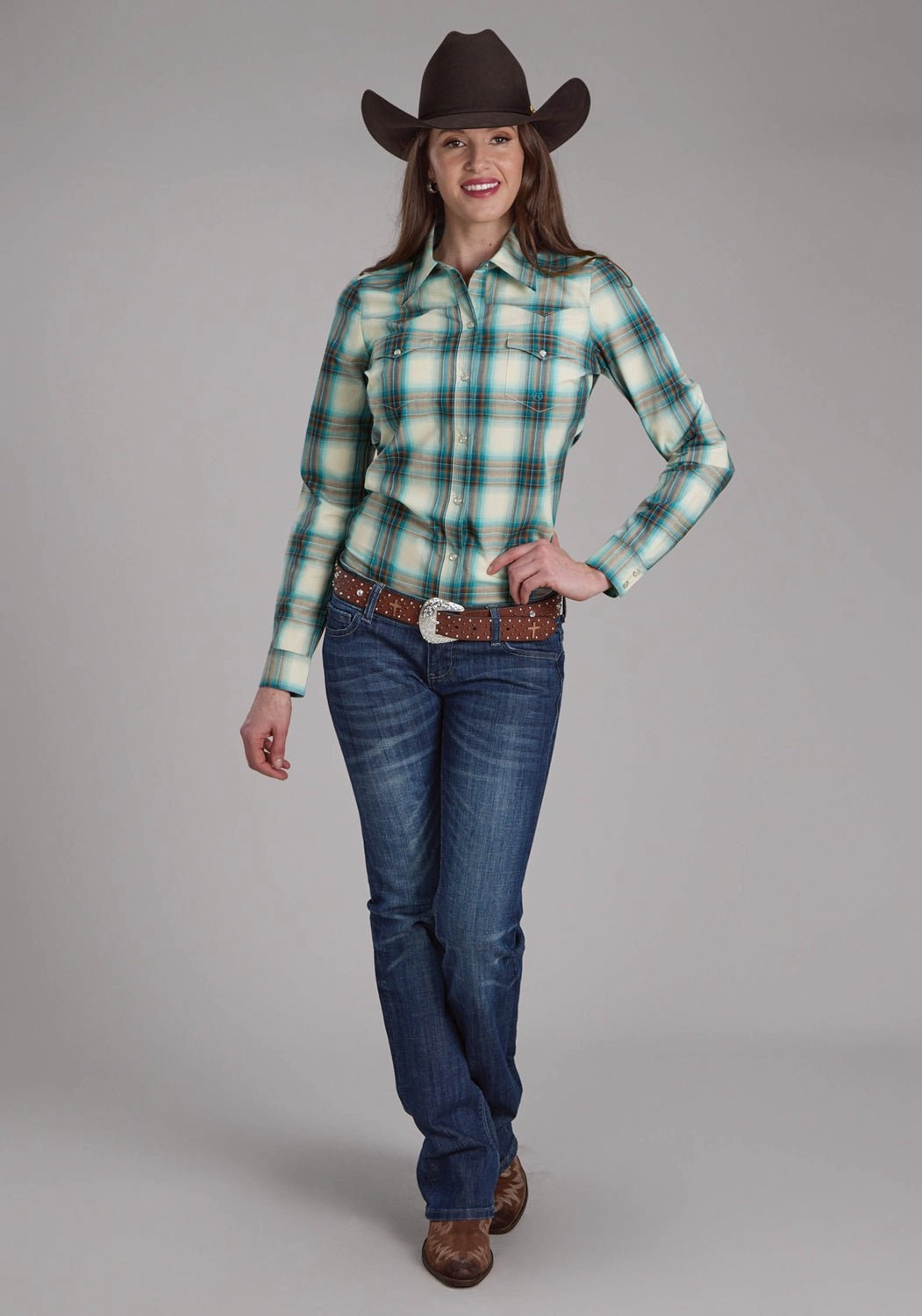 Roper Womens Taos Ombre Plaid Brown 100% Cotton L/S Shirt Anti Static Finish