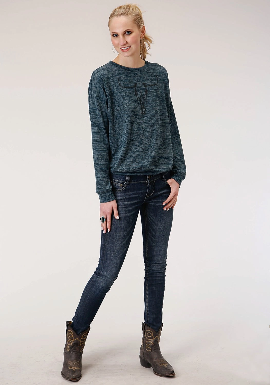 Comfy Must-Have Minimalist Look Roper Womens Teal Cotton Blend Longhorn Knit Sweatshirt