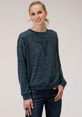 Comfy Knit Layer Moisture Wicking Fabric Roper Womens Teal Cotton Blend Longhorn Knit Sweatshirt