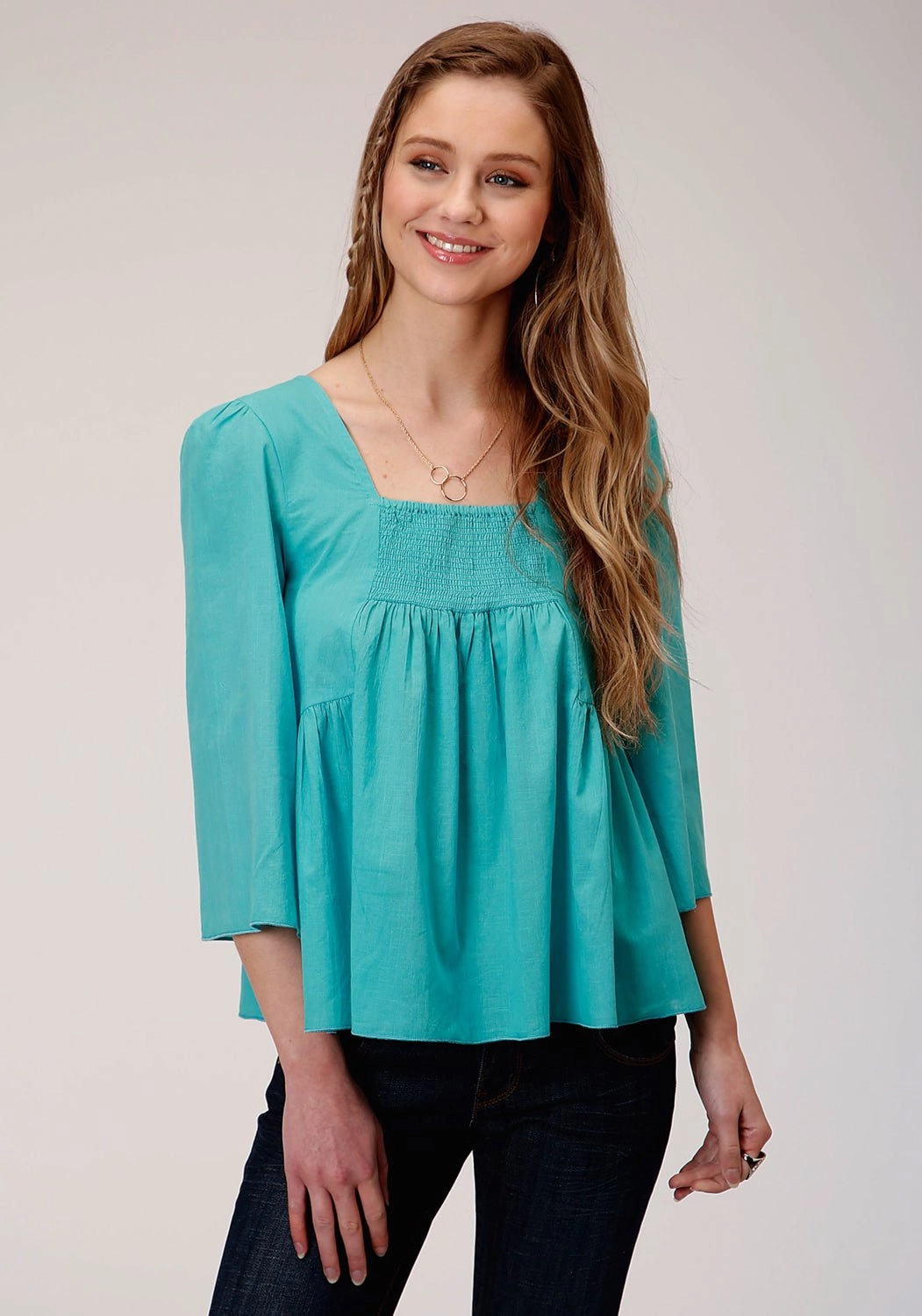 Classic Design Roper Womens Turquoise 100% Cotton Bell Sleeve S/S Blouse