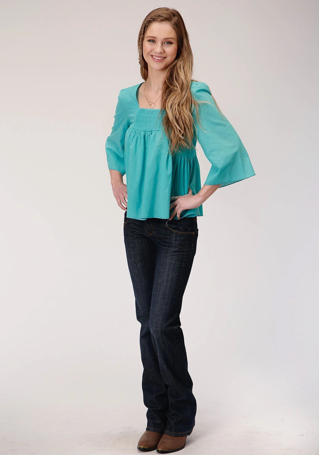 Ribbed Trim Reinforced Side Vents Roper Womens Turquoise 100% Cotton Bell Sleeve S/S Blouse