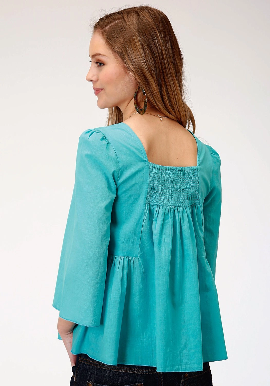 Roper Womens Turquoise 100% Cotton Bell Sleeve S/S Blouse Streamlined Design Gradient effect