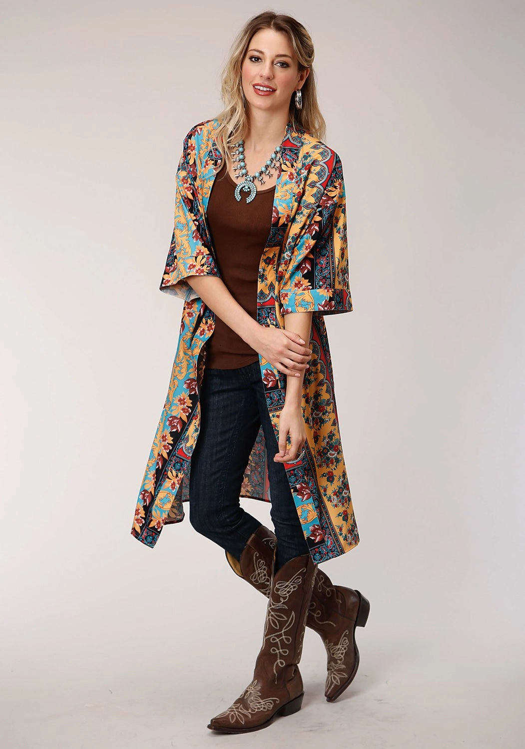 Soft Knit Piece Cable Stitch Roper Womens Turquoise Polyester Baroque Floral Cardigan