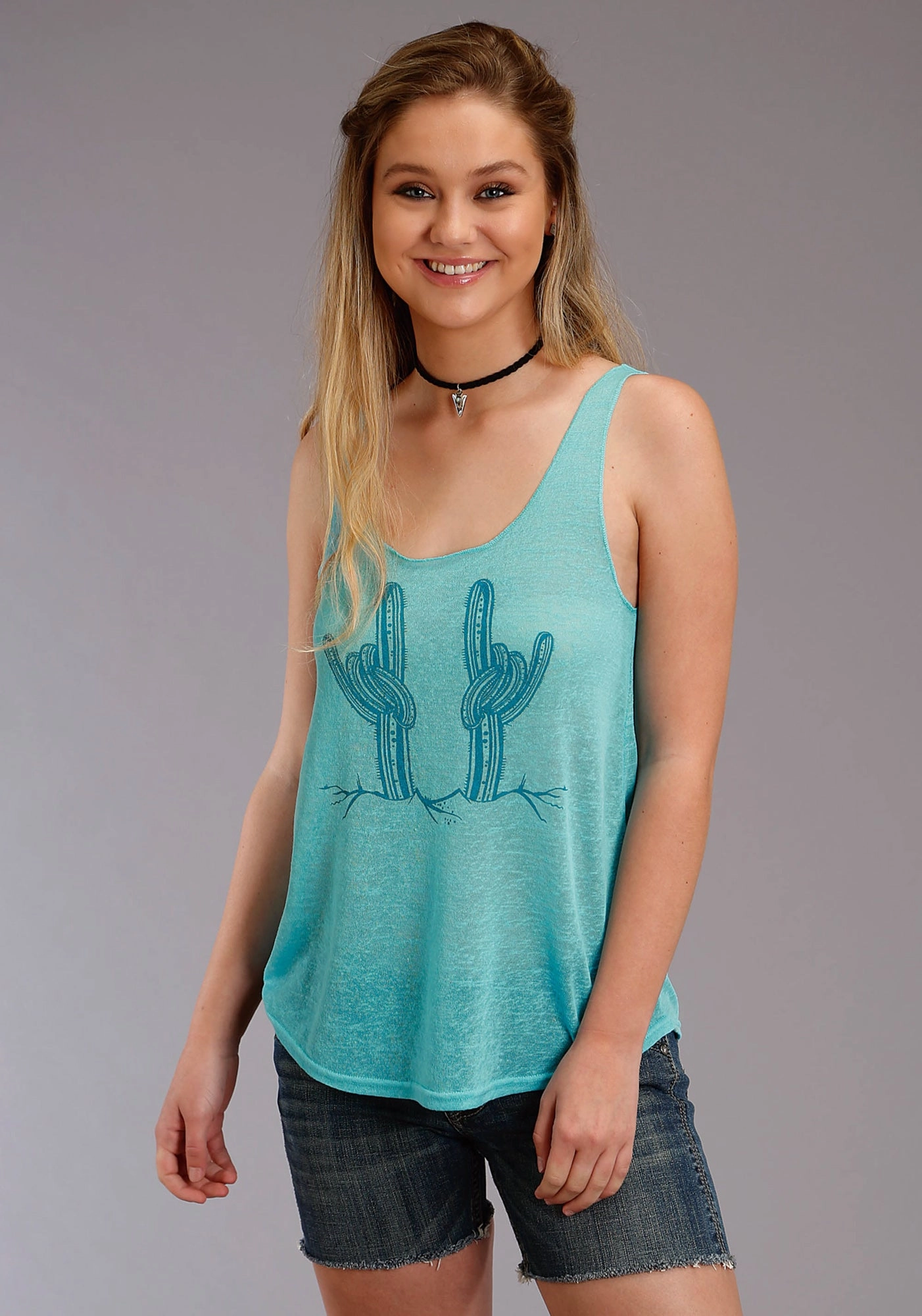 Roper Womens Turquoise Polyester Rock On Cactus S/L Tank Top Reinforced Buttonholes Lightweight texture