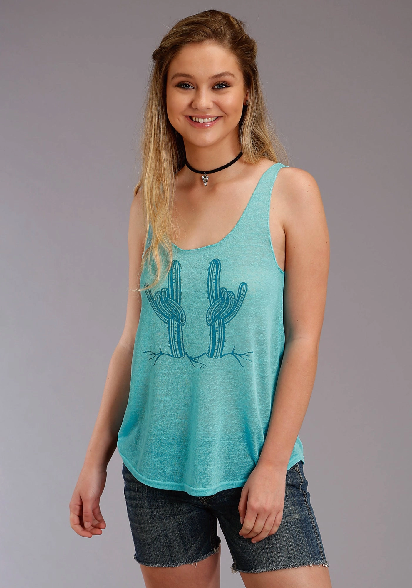 Roper Womens Turquoise Polyester Rock On Cactus S/L Tank Top Lightweight Weave Sporty Look