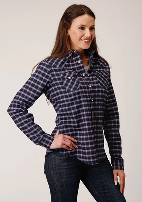 Roper Womens Unlined Flannel Blue 100% Cotton L/S Shirt Multi Layer Stitching
