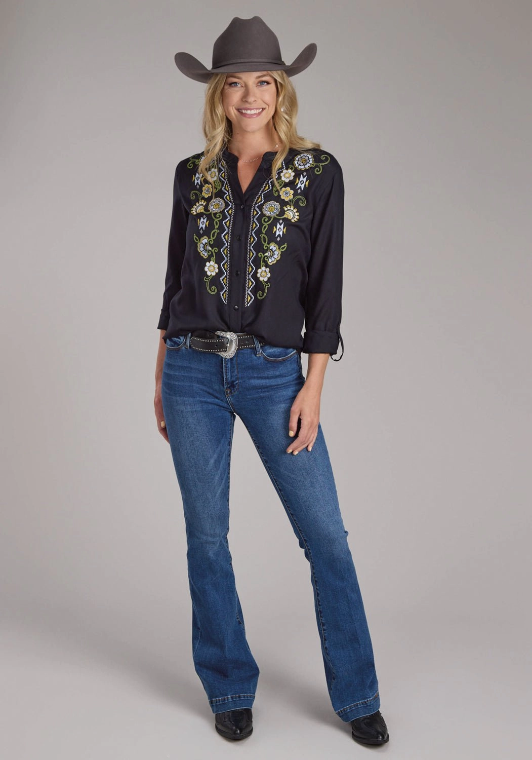 Loose Comfort Roper Womens Vertical Floral Border Black 100% Cotton L/S Blouse