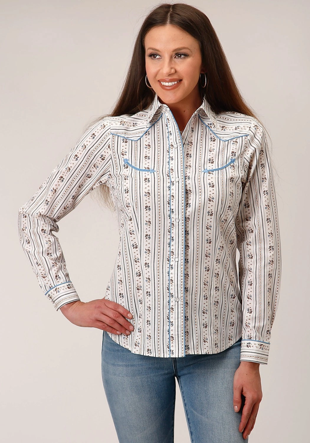 Roper Womens Wallpaper Stripe White Cotton Blend L/S Shirt Thermoregulating Layer