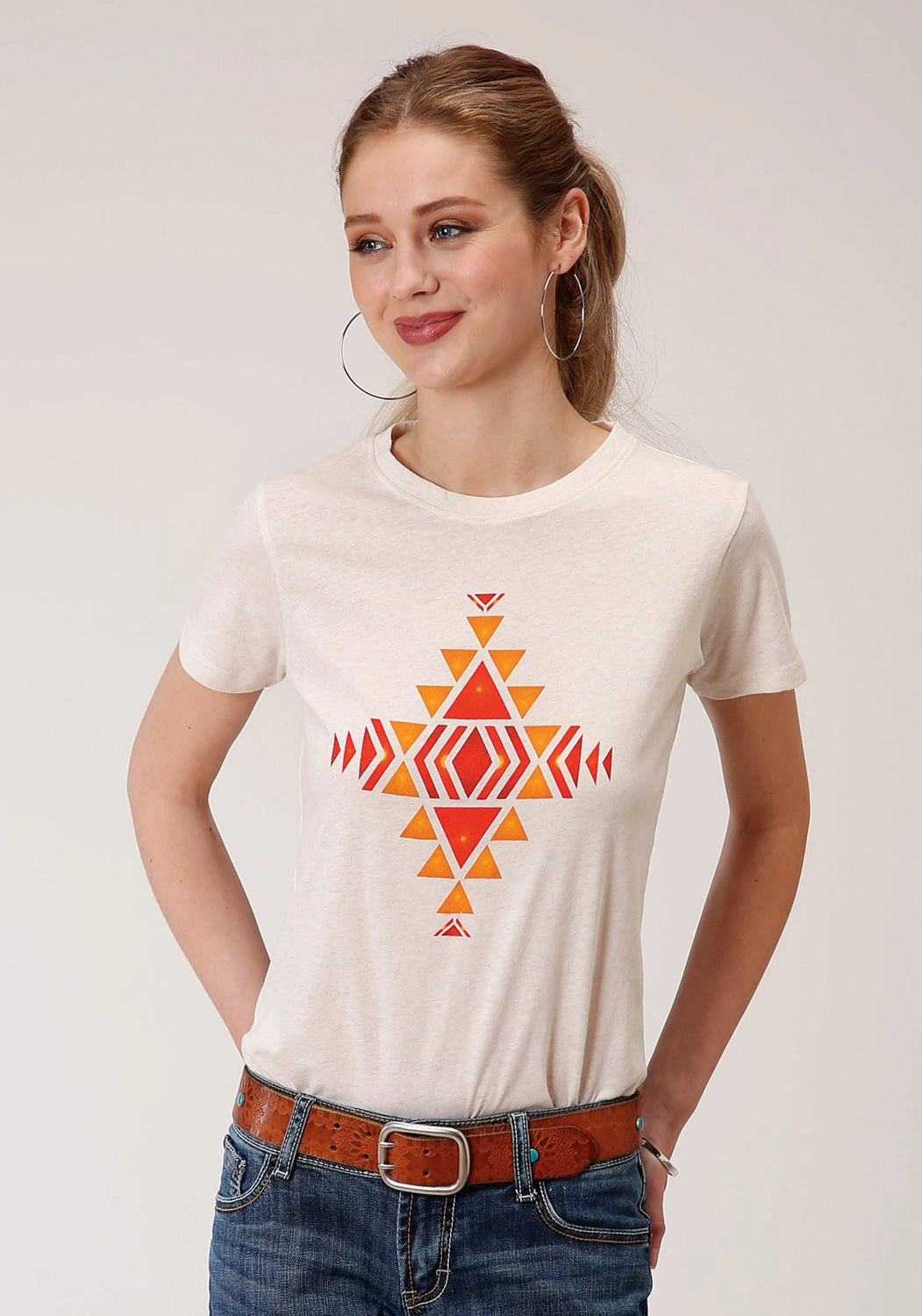 Outdoor Adventure Linen blend Roper Womens White 100% Cotton Red Aztec S/S T-Shirt