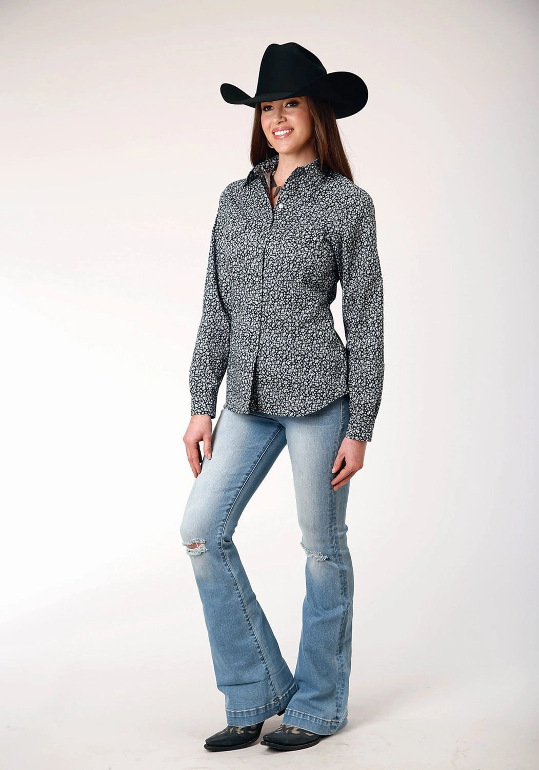 Stretch Material Edgy style Roper Womens White Floral Black Cotton Blend L/S Shirt