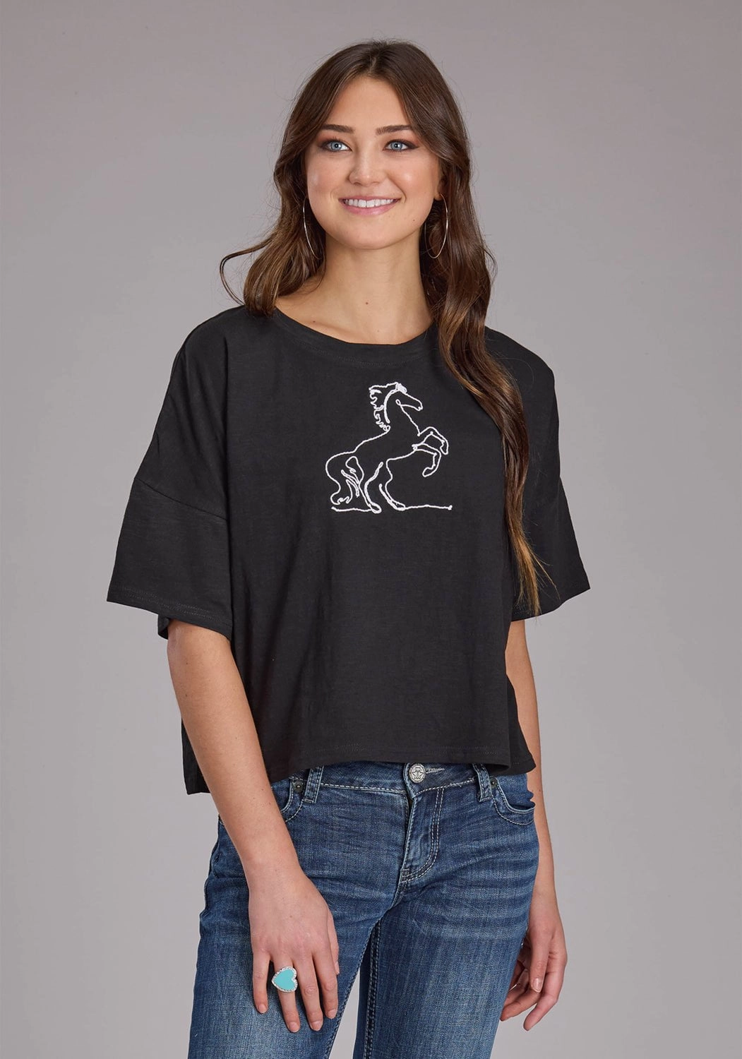 Roper Womens Wild Mustang Black 100% Cotton S/S T-Shirt Anniversary Special Breathable Material