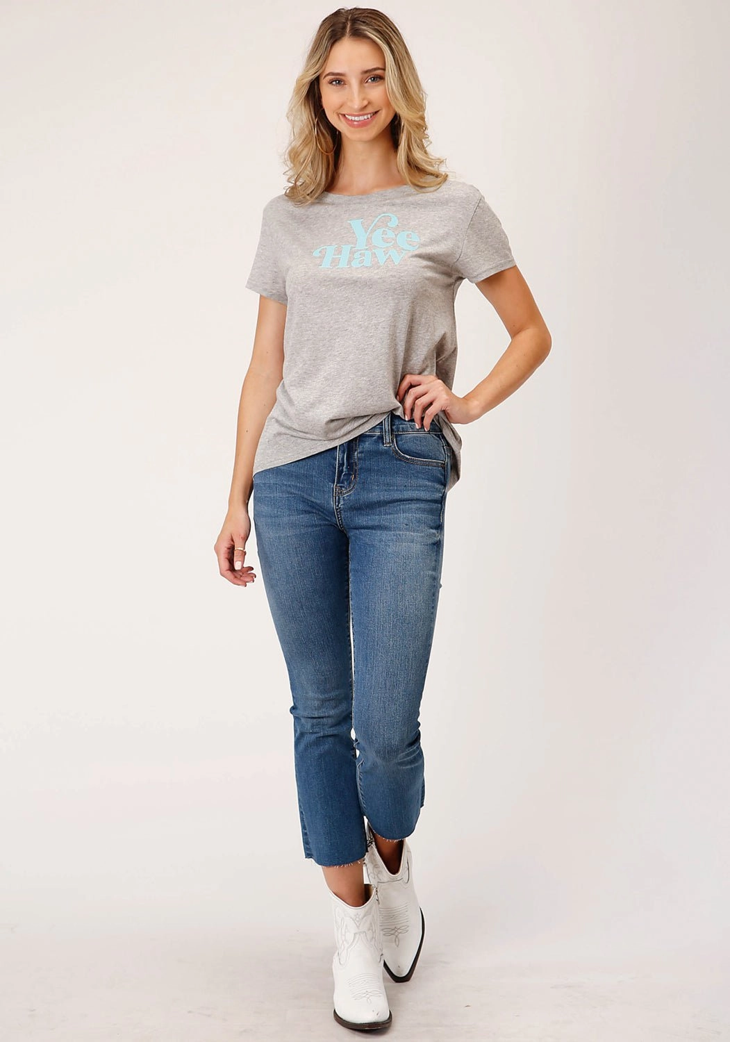 Roper Womens Yee Haw Grey Poly/Rayon S/S T-Shirt Odor control