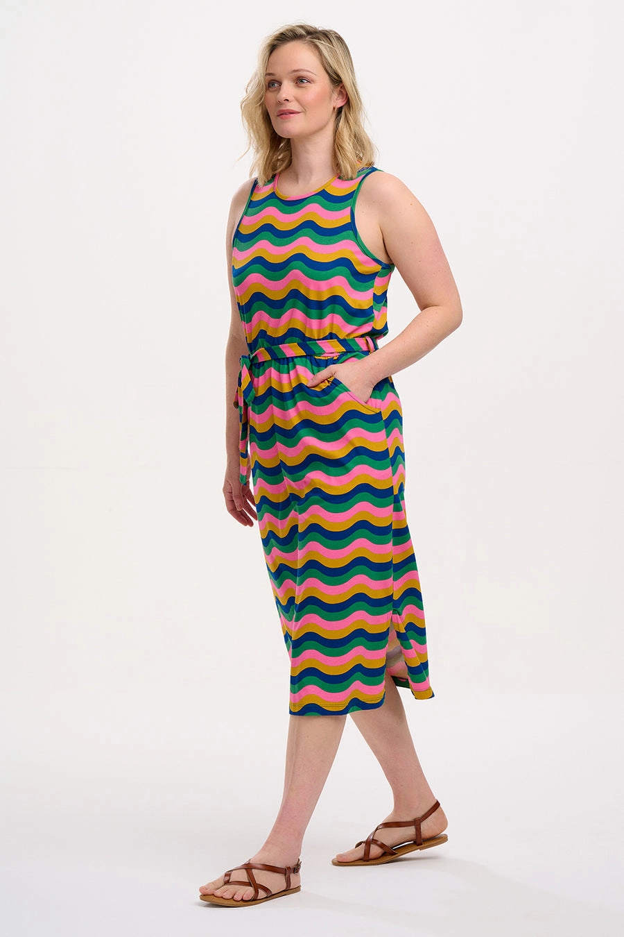 Rory Jersey Midi Dress in Rainbow Waves Fine Texture