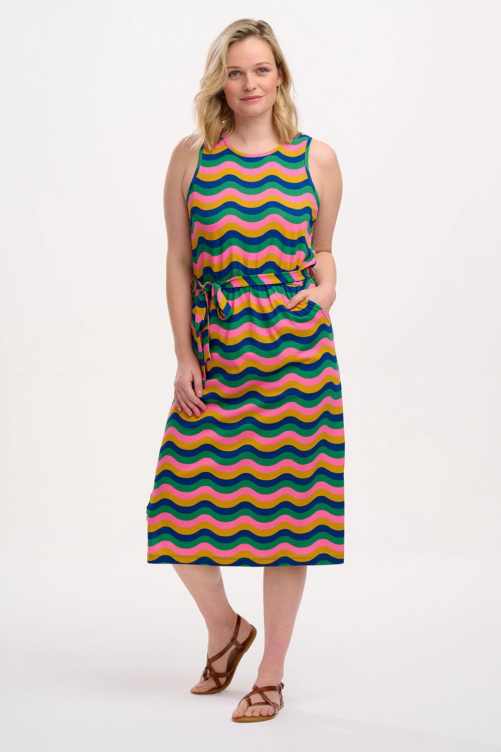 Neutral Flow Rory Jersey Midi Dress in Rainbow Waves