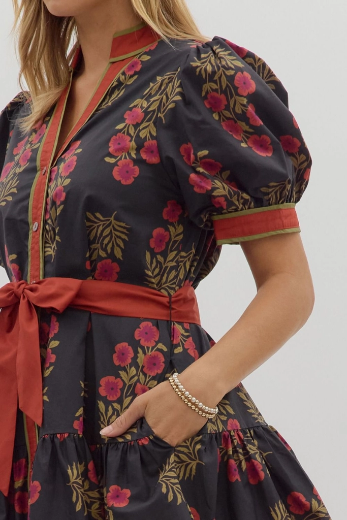 Modern Edge Rosalie Floral Tie Waist Mini Dress in Black