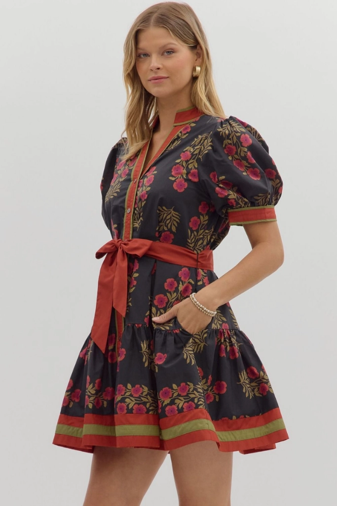Elegant Piece Layered-Look Rosalie Floral Tie Waist Mini Dress in Black