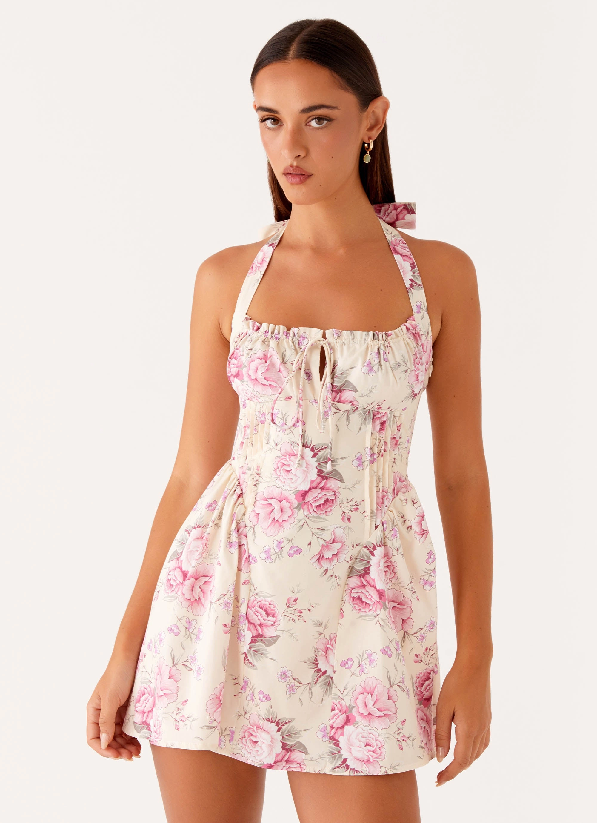 Cotton Skin Rosalie Halter Mini Dress - Vintage Pink Floral
