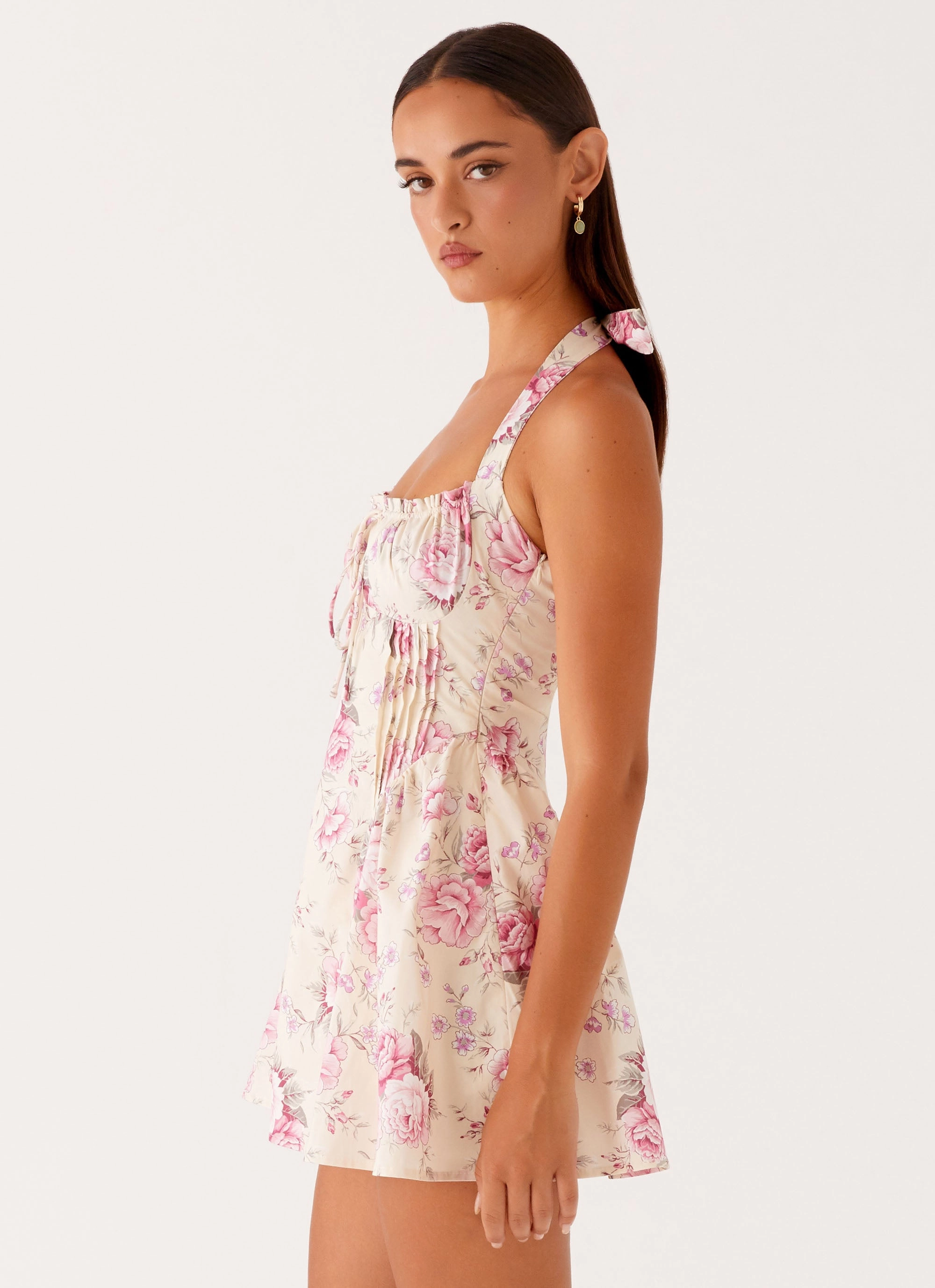 ElasticWaistband Premium Quality Rosalie Halter Mini Dress - Vintage Pink Floral