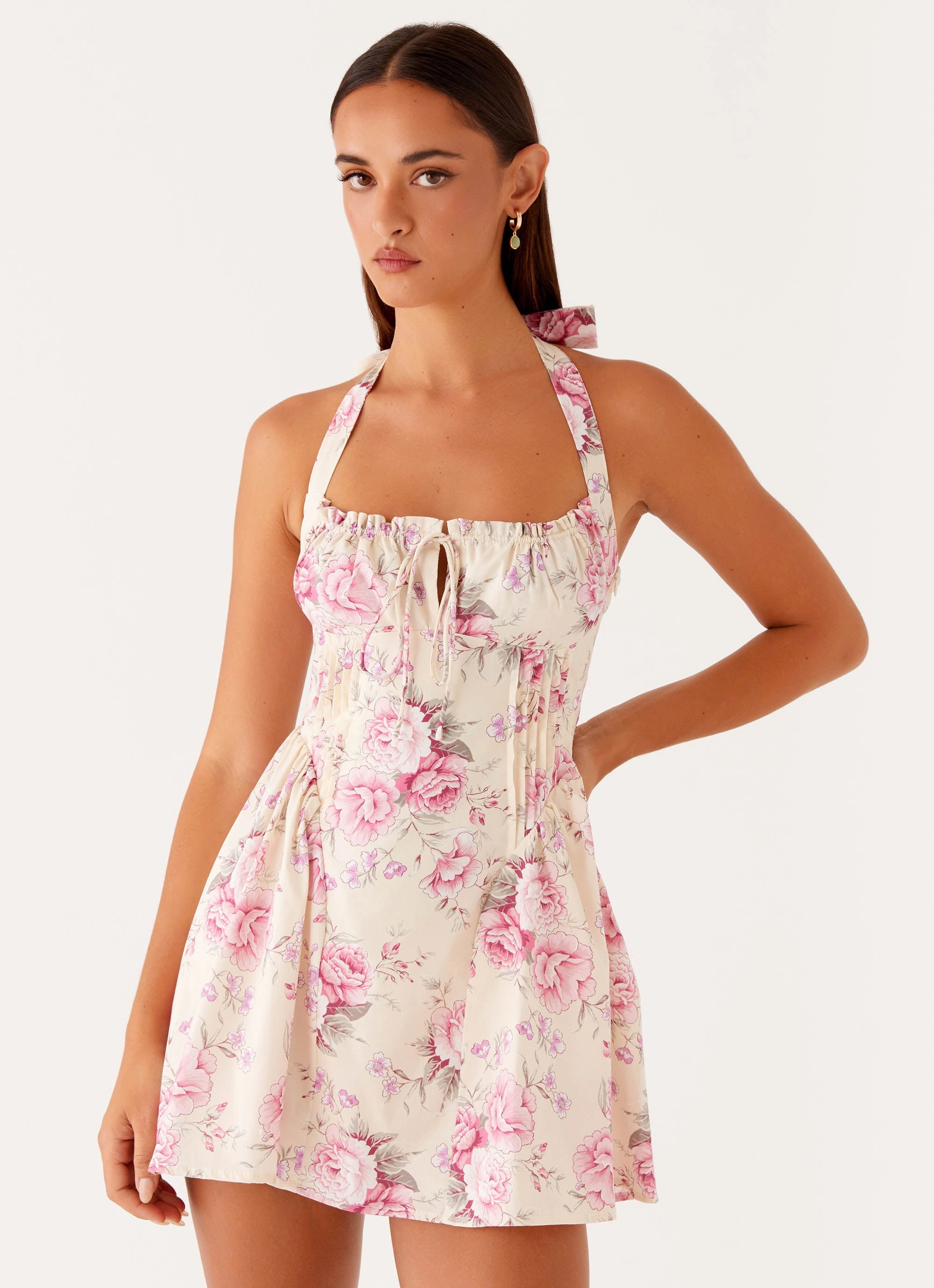 Rosalie Halter Mini Dress - Vintage Pink Floral Timeless Vibe Live Soft