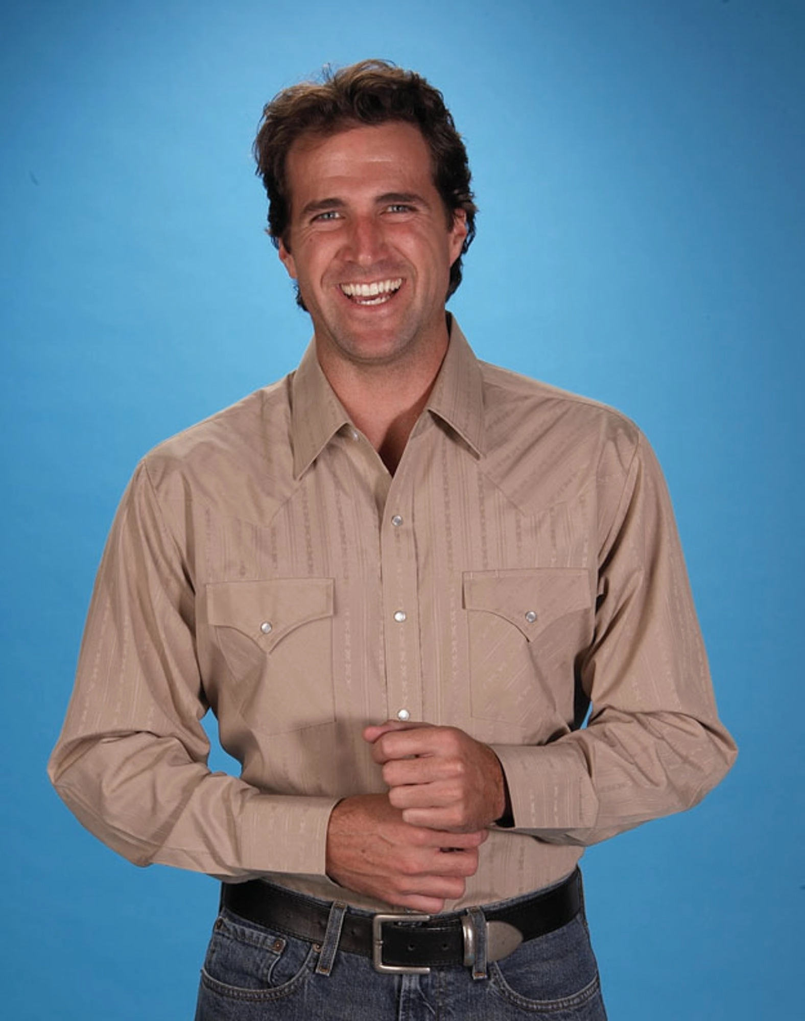 Ely & Walker Mens Tone on Tone Khaki Western Shirt L/S Poly/Cotton Breathable Underarm Vents