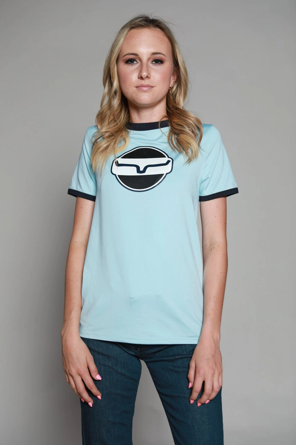 Geometric Shape Midweight Textile Kimes Ranch Womens Union Made Ringer Tee Blue Polyester S/S T-Shirt