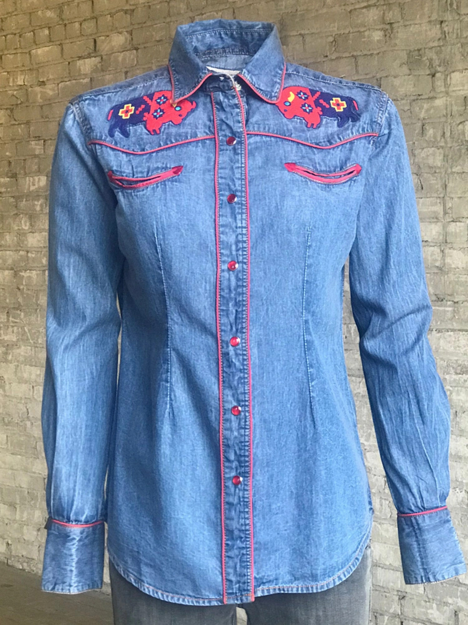 Rockmount Womens Denim 100% Cotton American Bison Western L/S Shirt Flexible Shoulder Panels