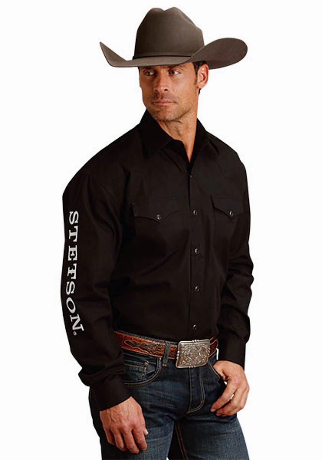 Flexible Knit Stetson Mens Western Logo Sleeve Black 100% Cotton L/S Shirt